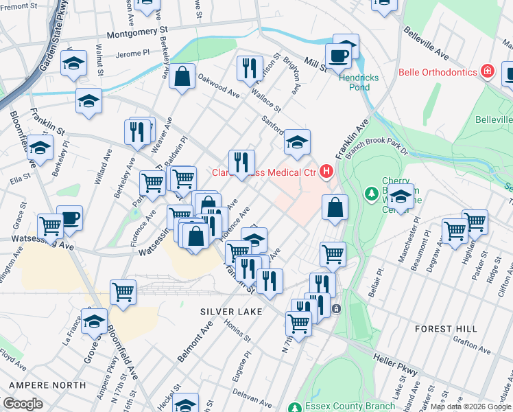 map of restaurants, bars, coffee shops, grocery stores, and more near 77 Newark Avenue in Belleville