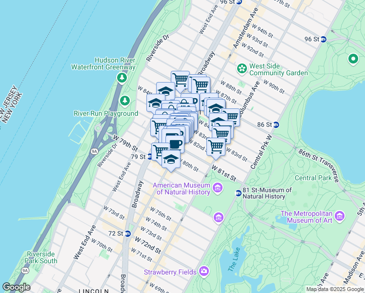 map of restaurants, bars, coffee shops, grocery stores, and more near 183 West 81st Street in New York
