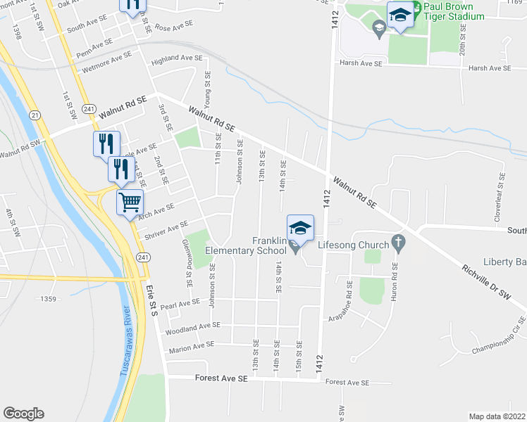 map of restaurants, bars, coffee shops, grocery stores, and more near 1200 13th Street Southeast in Massillon