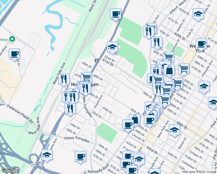 map of restaurants, bars, coffee shops, grocery stores, and more near 1465 48th Street in North Bergen