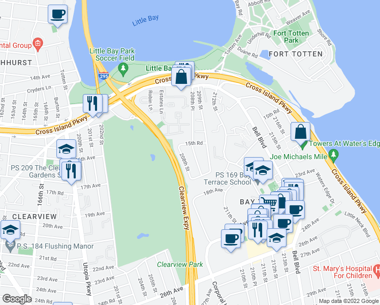 map of restaurants, bars, coffee shops, grocery stores, and more near 15-48 208th Place in Queens