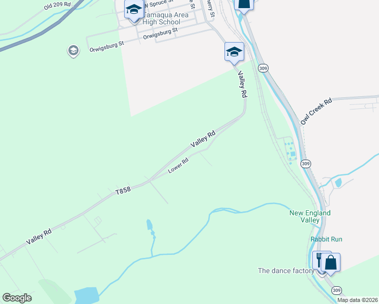 map of restaurants, bars, coffee shops, grocery stores, and more near 1503 Valley Road in Tamaqua