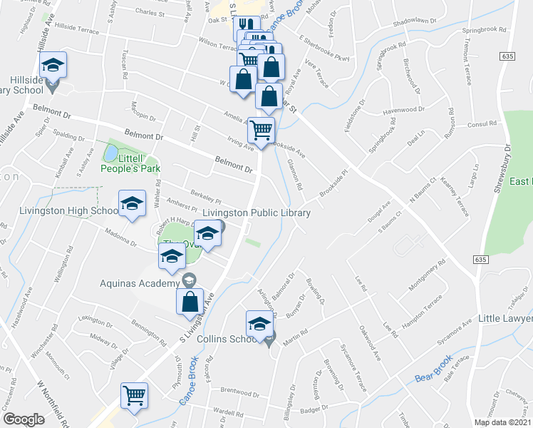 map of restaurants, bars, coffee shops, grocery stores, and more near 311 South Livingston Avenue in Livingston