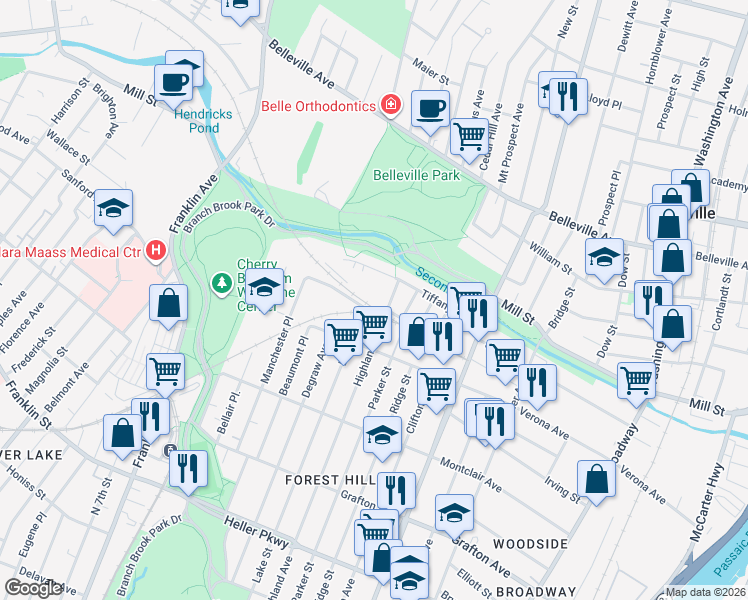 map of restaurants, bars, coffee shops, grocery stores, and more near 90 Tiffany Boulevard in Newark