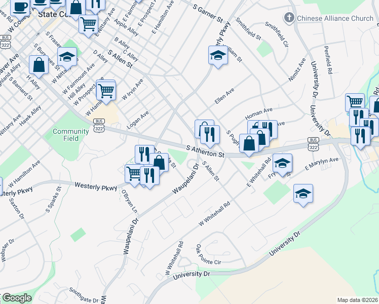 map of restaurants, bars, coffee shops, grocery stores, and more near 1177 South Atherton Street in State College