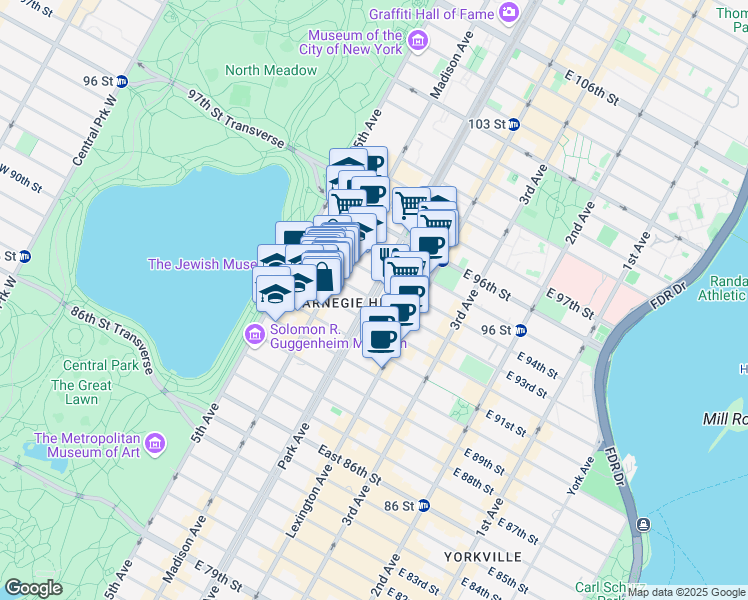 map of restaurants, bars, coffee shops, grocery stores, and more near Park Ave & E 93rd St in New York
