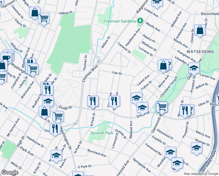 map of restaurants, bars, coffee shops, grocery stores, and more near 258 North Park Street in East Orange