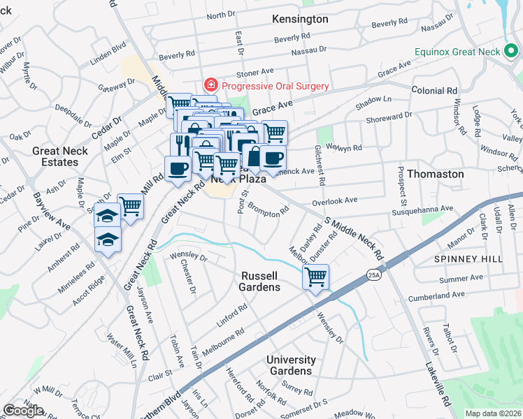map of restaurants, bars, coffee shops, grocery stores, and more near 23 Brompton Road in Great Neck