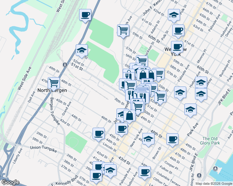 map of restaurants, bars, coffee shops, grocery stores, and more near 1153 51st Street in North Bergen