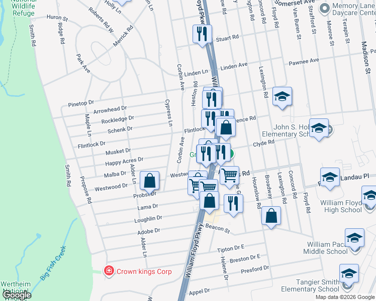 map of restaurants, bars, coffee shops, grocery stores, and more near 16 Corbin Avenue in Shirley