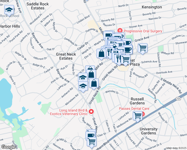 map of restaurants, bars, coffee shops, grocery stores, and more near Cutter Mill Road & Ash Place in Great Neck