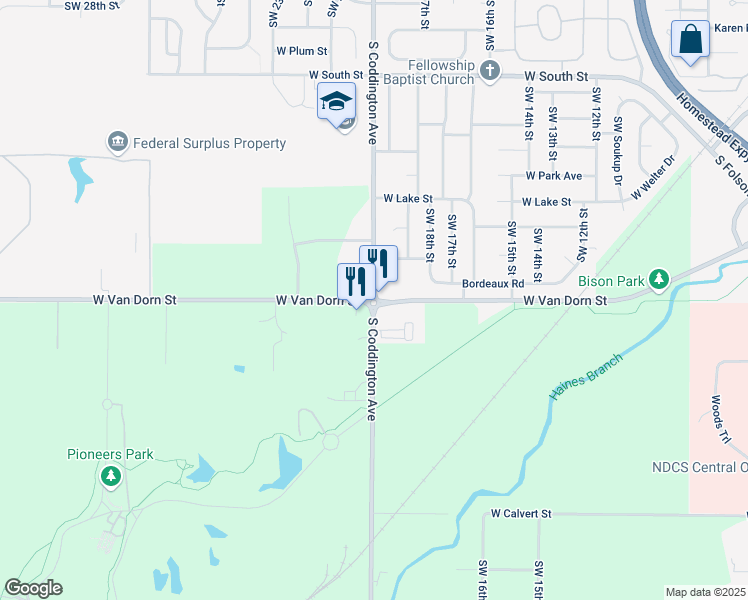 map of restaurants, bars, coffee shops, grocery stores, and more near South Coddington Avenue in Lincoln