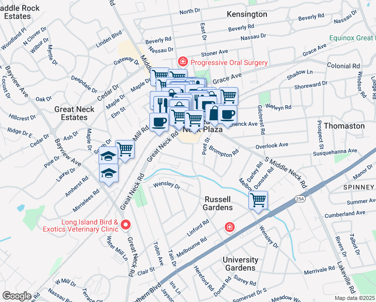 map of restaurants, bars, coffee shops, grocery stores, and more near in Great Neck Plaza