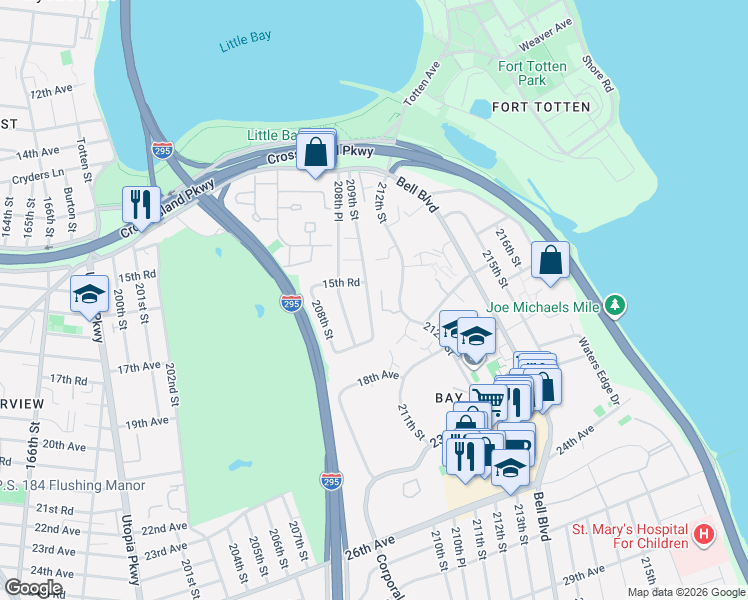 map of restaurants, bars, coffee shops, grocery stores, and more near 208-58 15th Road in Queens