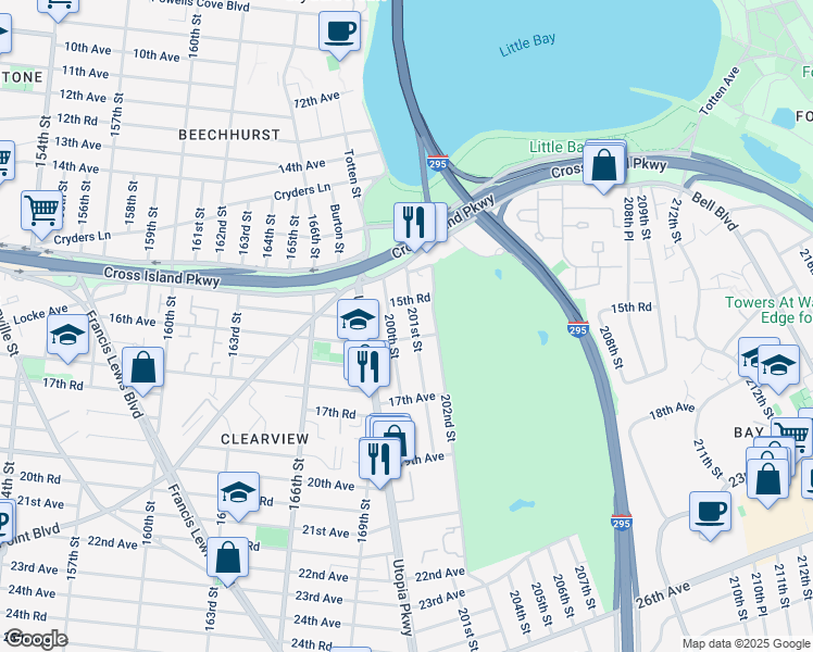 map of restaurants, bars, coffee shops, grocery stores, and more near 15-66 202nd Street in Queens