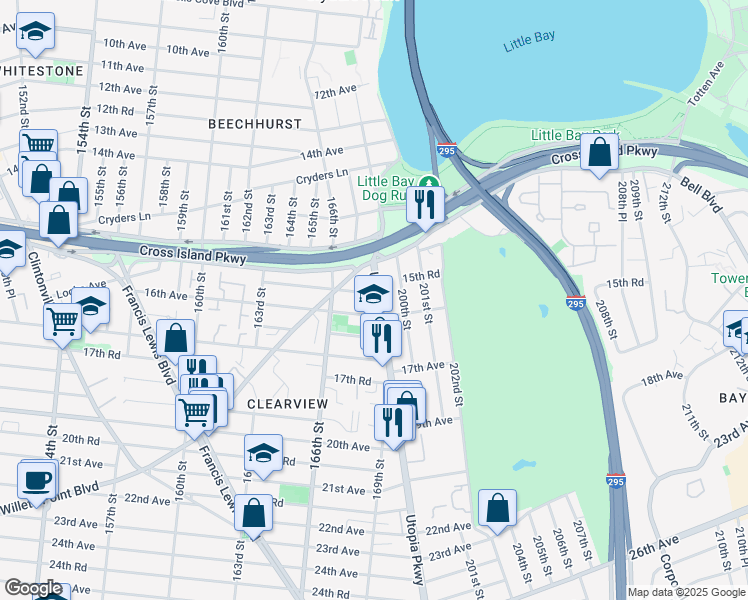 map of restaurants, bars, coffee shops, grocery stores, and more near 166-27 15th Drive in Queens