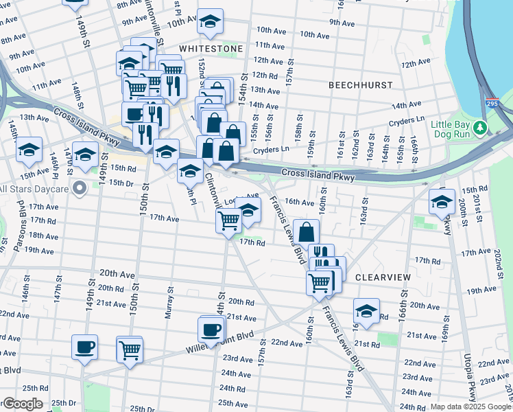 map of restaurants, bars, coffee shops, grocery stores, and more near 1606 Francis Lewis Boulevard in Queens