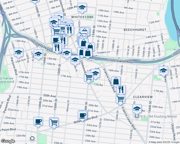 map of restaurants, bars, coffee shops, grocery stores, and more near 154-28 Locke Avenue in Queens