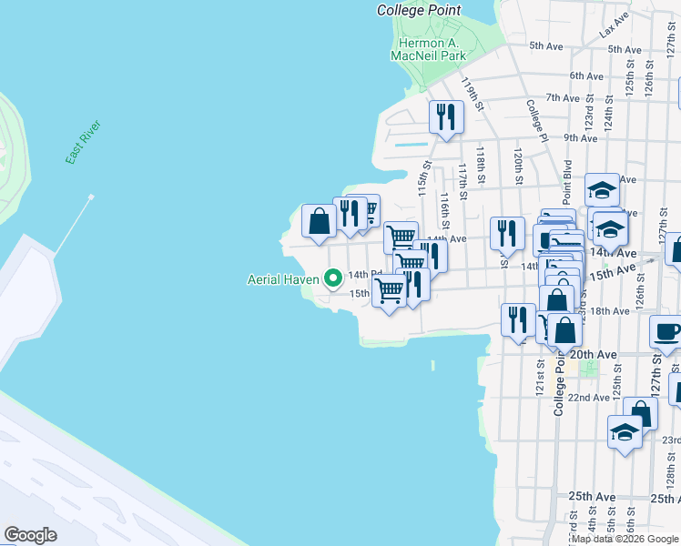 map of restaurants, bars, coffee shops, grocery stores, and more near 14-17 110th Street in Queens
