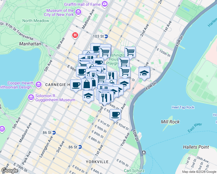 map of restaurants, bars, coffee shops, grocery stores, and more near 233 East 96th Street in New York