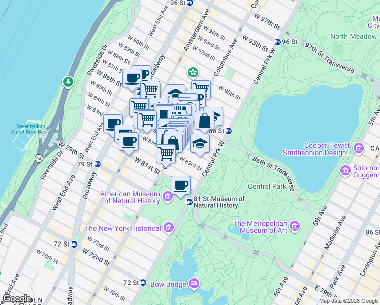 map of restaurants, bars, coffee shops, grocery stores, and more near 53 West 84th Street in New York