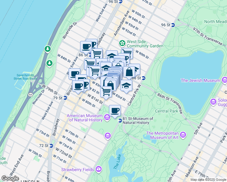 map of restaurants, bars, coffee shops, grocery stores, and more near 51 West 84th Street in New York