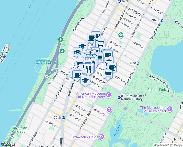 map of restaurants, bars, coffee shops, grocery stores, and more near 454 Amsterdam Avenue in New York