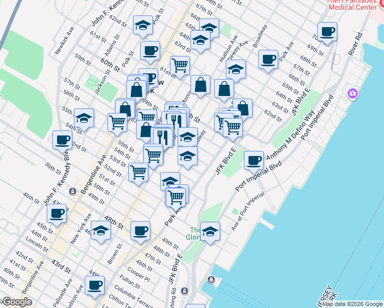 map of restaurants, bars, coffee shops, grocery stores, and more near in West New York