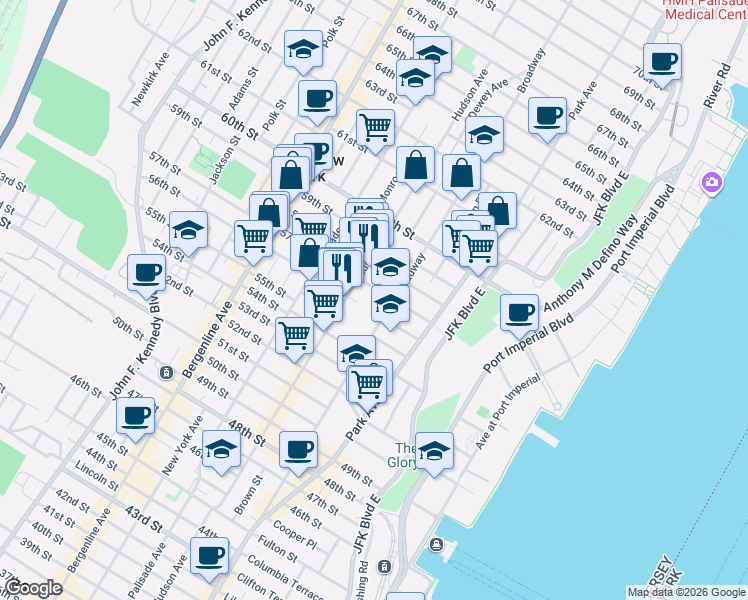 map of restaurants, bars, coffee shops, grocery stores, and more near in West New York