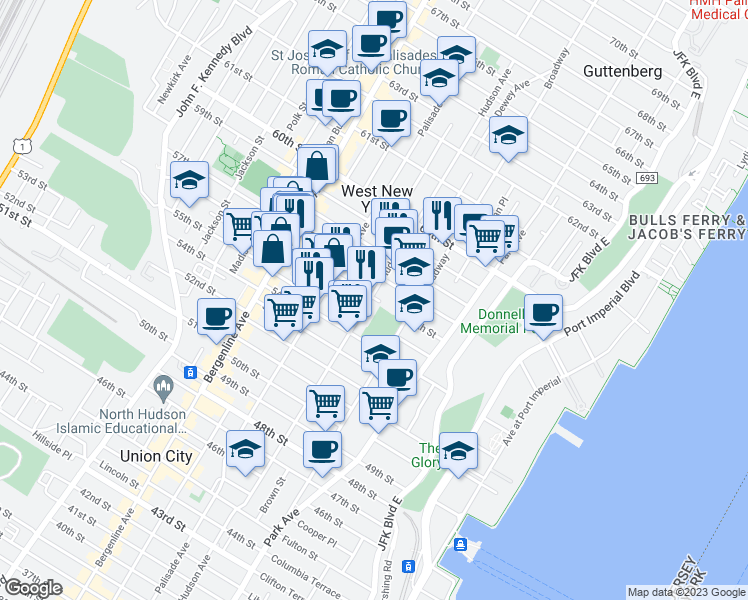 map of restaurants, bars, coffee shops, grocery stores, and more near 5607 Hudson Avenue in West New York