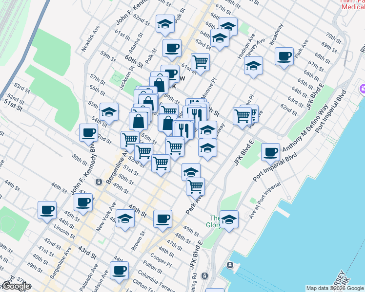 map of restaurants, bars, coffee shops, grocery stores, and more near 5607 Hudson Avenue in West New York