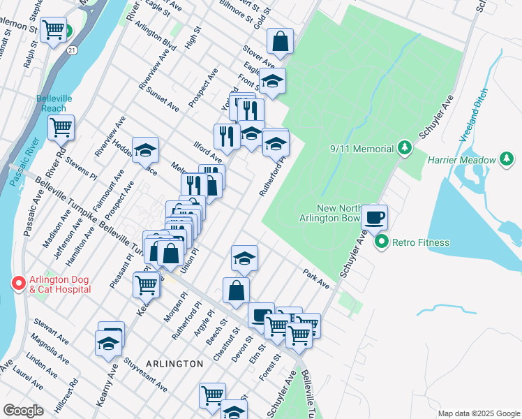 map of restaurants, bars, coffee shops, grocery stores, and more near 149 Rutherford Place in North Arlington