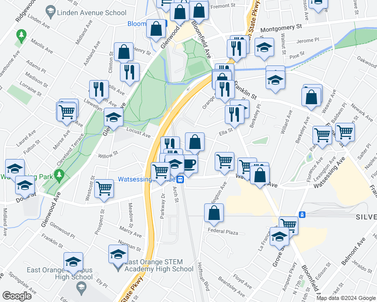 map of restaurants, bars, coffee shops, grocery stores, and more near 46 Charles Street in Bloomfield