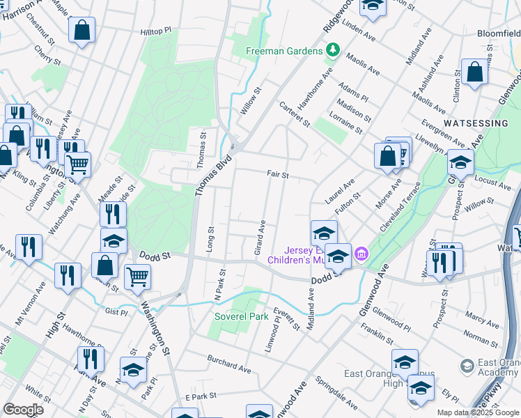map of restaurants, bars, coffee shops, grocery stores, and more near 258 North Park Street in East Orange