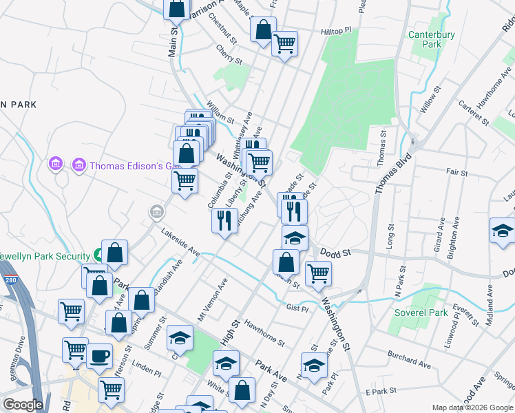 map of restaurants, bars, coffee shops, grocery stores, and more near 216 Watchung Avenue in West Orange