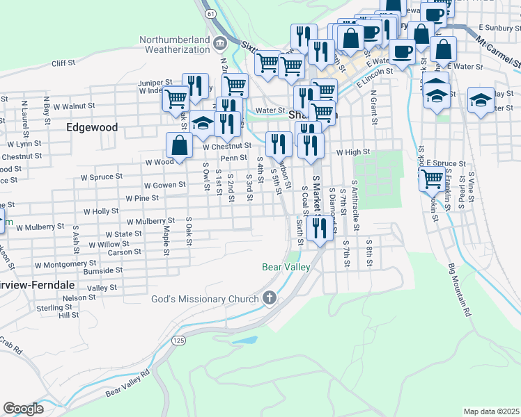 map of restaurants, bars, coffee shops, grocery stores, and more near 418 West Pine Street in Shamokin