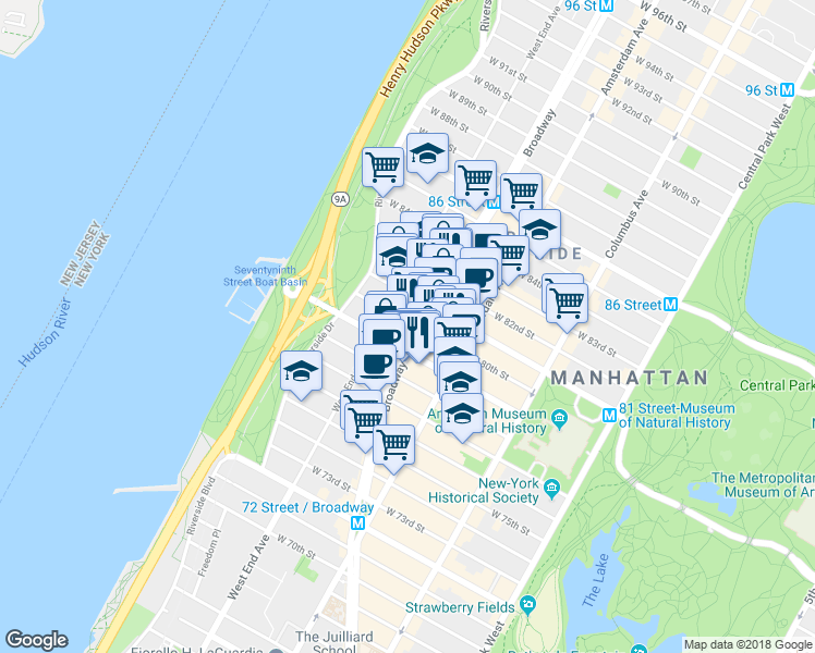 map of restaurants, bars, coffee shops, grocery stores, and more near 246 West 80th Street in New York