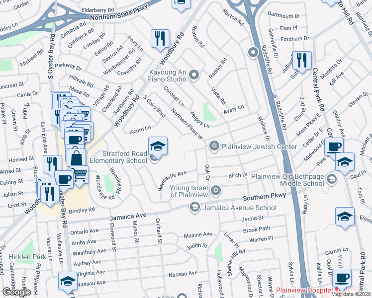 map of restaurants, bars, coffee shops, grocery stores, and more near 9 Wood Lane in Plainview