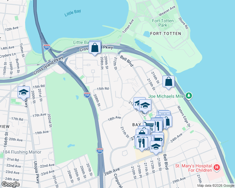 map of restaurants, bars, coffee shops, grocery stores, and more near 15-26 212th Street in Queens