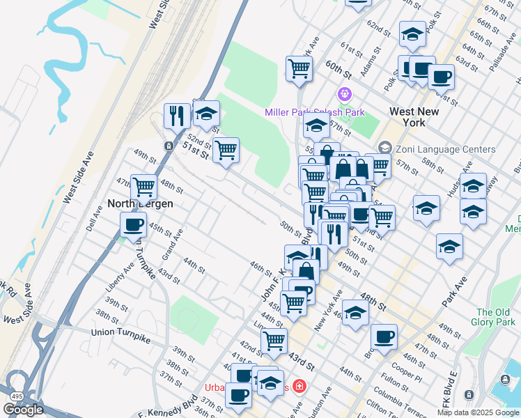 map of restaurants, bars, coffee shops, grocery stores, and more near 1207 50th Street in North Bergen