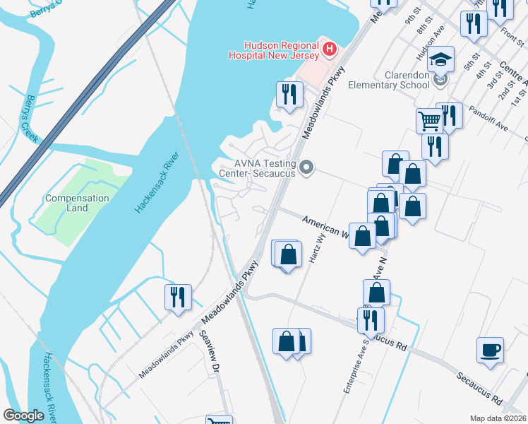 map of restaurants, bars, coffee shops, grocery stores, and more near 625 Sanderling Court in Secaucus