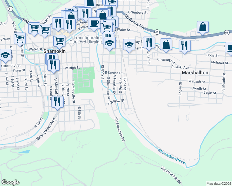 map of restaurants, bars, coffee shops, grocery stores, and more near 201-235 South Shamokin Street in Shamokin