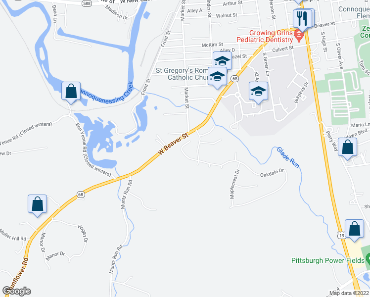map of restaurants, bars, coffee shops, grocery stores, and more near 604 Timberbrook Court in Zelienople