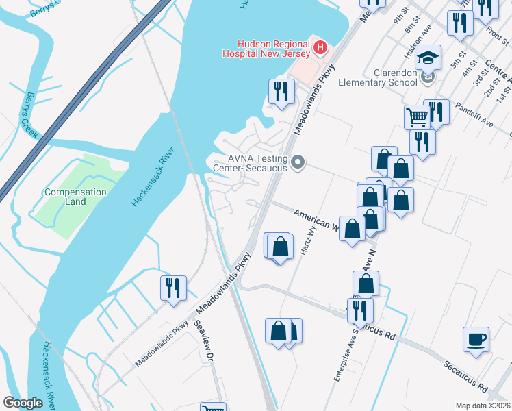 map of restaurants, bars, coffee shops, grocery stores, and more near 625 Sanderling Court in Secaucus