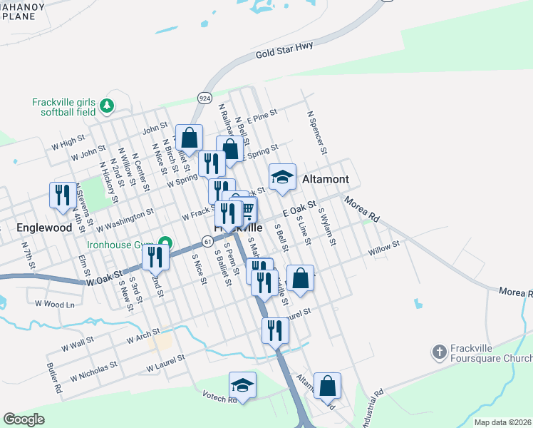 map of restaurants, bars, coffee shops, grocery stores, and more near 25 South Railroad Avenue in Frackville