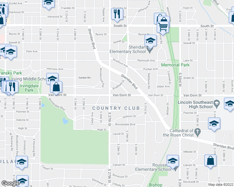 map of restaurants, bars, coffee shops, grocery stores, and more near 2736 Van Dorn Street in Lincoln