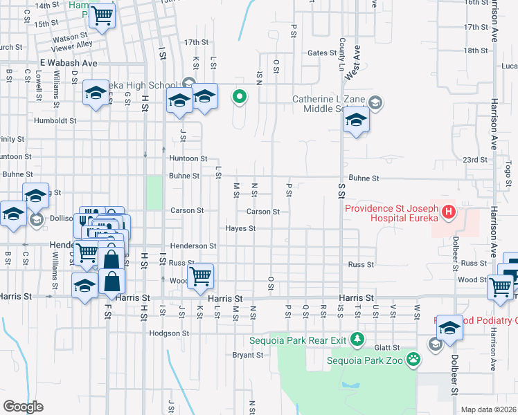 map of restaurants, bars, coffee shops, grocery stores, and more near 2516 O Street in Eureka