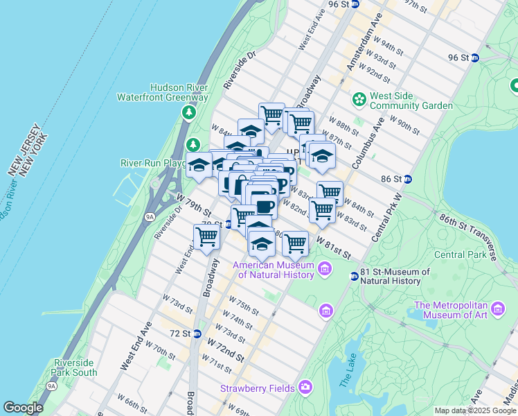 map of restaurants, bars, coffee shops, grocery stores, and more near 204 West 81st Street in New York