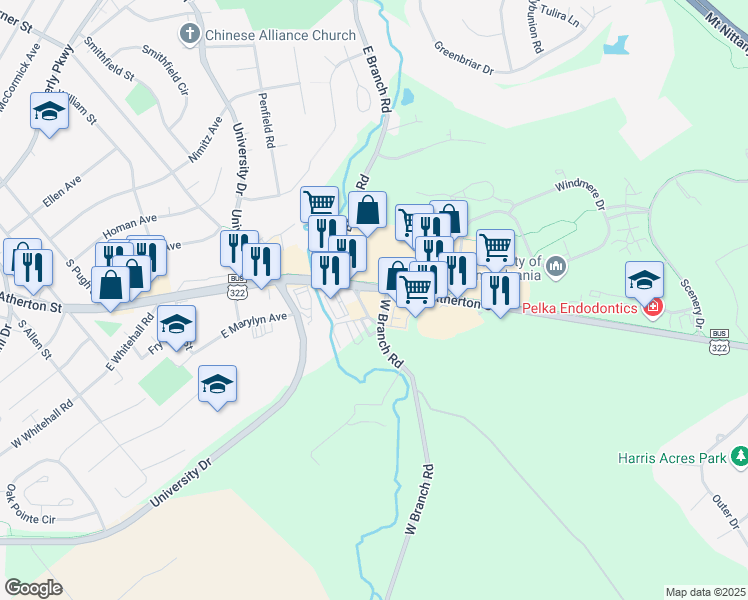 map of restaurants, bars, coffee shops, grocery stores, and more near 1820 South Atherton Street in State College
