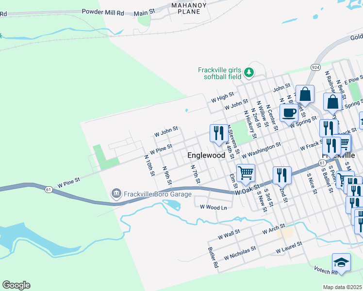 map of restaurants, bars, coffee shops, grocery stores, and more near 712 West Pine Street in Frackville